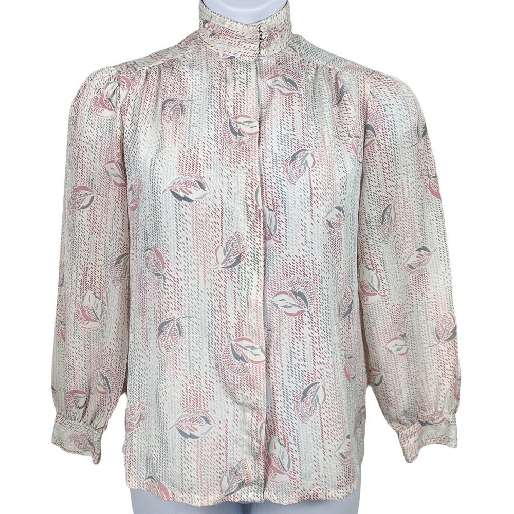 Vintage Blouse Mock Neck Button Up Tan Flay Size 8 Pink White Gray Leaves